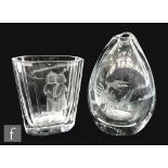 Two 20th Century Hadeland glass vases, a tear drop shaped vase, engraved to the front with a Scorpio