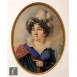 G. GARNOT (EARLY 19TH CENTURY) - Portrait of an elegant lady wearing a blue dress and plumed hat,