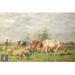 MARK FISHER, RA (1841-1923) - A farmhand with cattle and sheep in a meadow, oil on canvas, signed,
