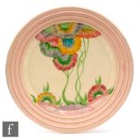 A large Clarice Cliff circular ribbed rim plate circa 1936 hand painted in the Pink Pearls pattern