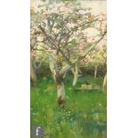 LORENZO HEADLEY (1860-1934) - An apple orchard, oil on board, signed, framed, 24cm x 14cm, frame
