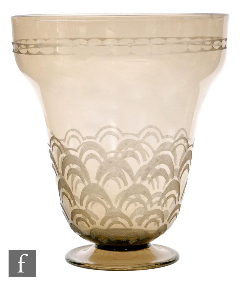 A Daum 1930s Art Deco glass vase of footed shouldered ovoid form, acid etched with a repeat