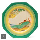 A large Clarice Cliff octagonal plate circa 1932, hand painted in the Secrets pattern with a