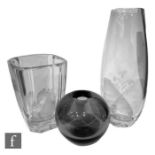 Three pieces of later 20th Century Scandinavian glass, two Orrefors vases by Sven Palmqvist, the