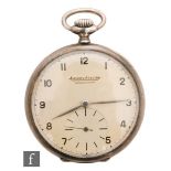 A hallmarked silver Jaeger Le-Coultre silver, open faced, crown pocket watch, Arabic numerals to a