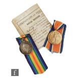 A World War One medal pair awarded to Pte T H Roberts R.M.L.I, CH .2384-S with certificate of