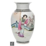 A small 20th Century Chinese vase of ovoid form with everted rim hand painted with a lady in robes