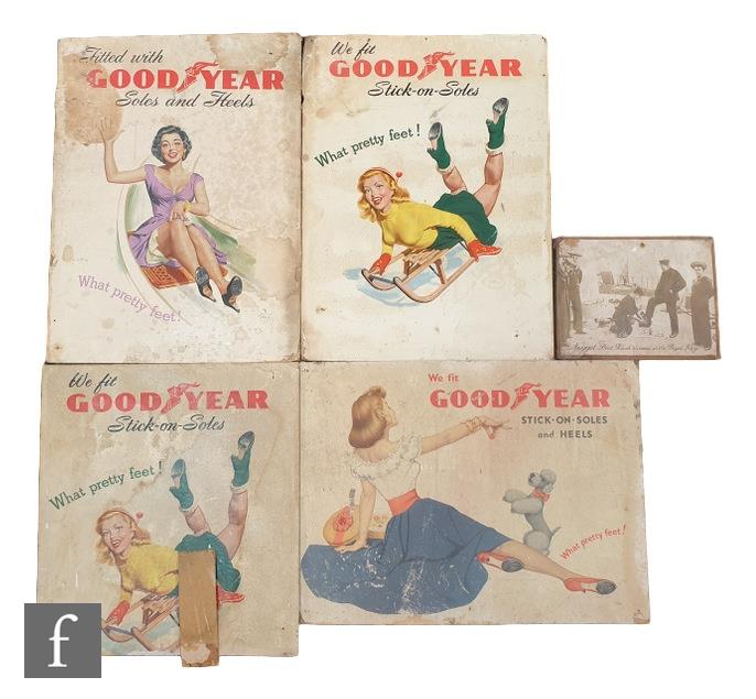Four 1950s and 1960s pictorial advertising cardboard stands for Goodyear soles and heels depicting