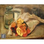 MODERN BRITISH SCHOOL - Still life with roses and glass jar on a tabletop, oil on canvas, signed
