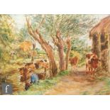 MARK FISHER, RA (1841-1923) - 'Cattle watering, Essex', watercolour, signed, framed, 27cm x 37cm,