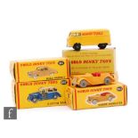 A collection of five Dublo Dinky diecast models, comprising 061 Ford Prefect in fawn with smooth