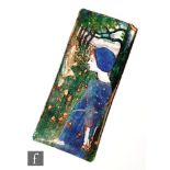 An Arts & Crafts rectangular enamel plaque depicting a maiden standing in a woodland, 23cm x 10cm,