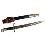 A British 1853 pattern bayonet and scabbard with leather frog.