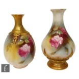 A small early 20th Century Royal Worcester vase, Hadley shape 285, hand painted with rose sprays