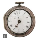 A George III pair cased pocket watch with Roman and Arabic numerals to a white enamelled dial,