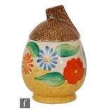 A Clarice Cliff Daffodil shape preserve pot and cover circa 1933 hand painted with a band of