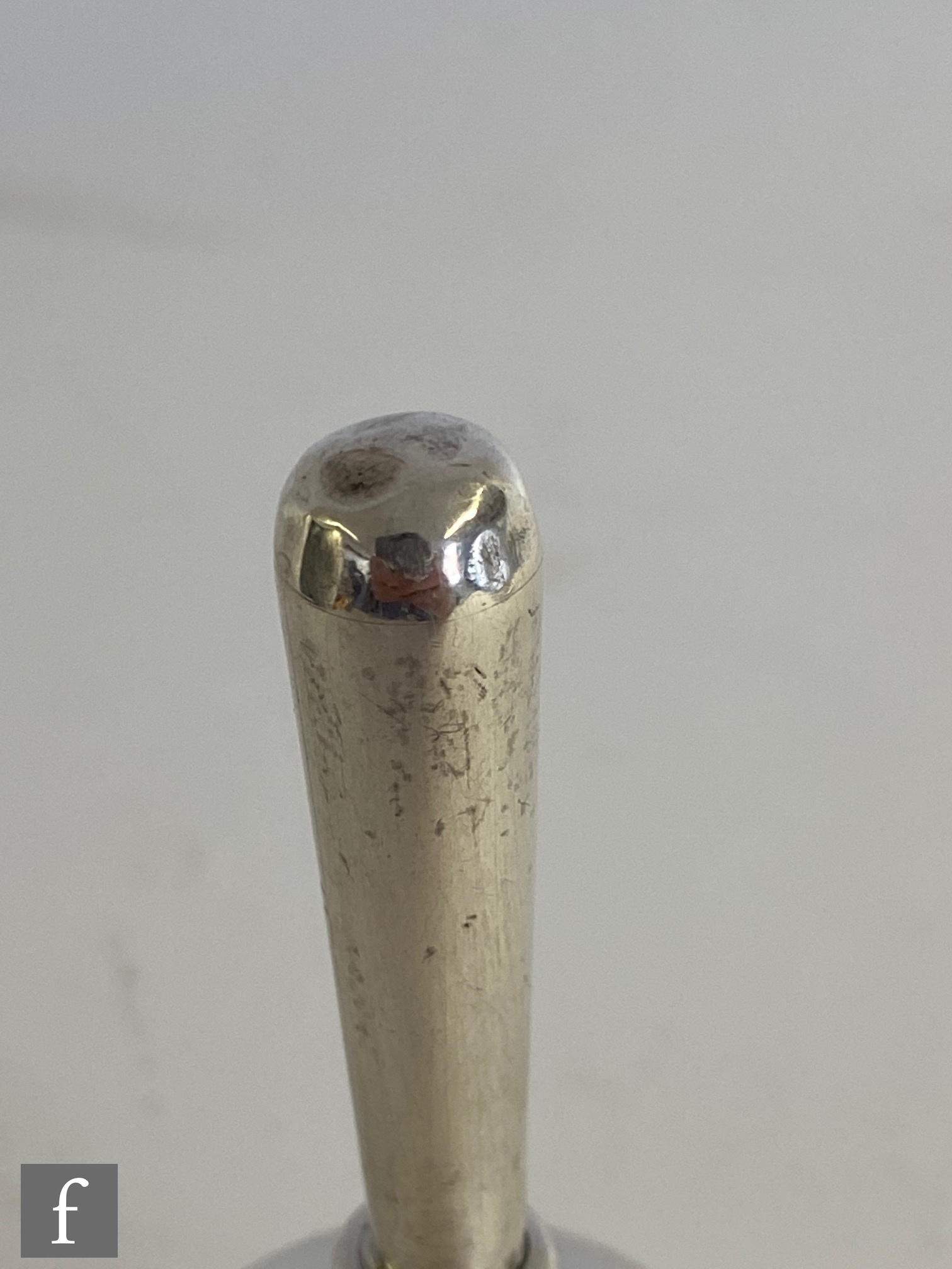 A hallmarked silver small chamber stick of plain form terminating in finger loop handle, diameter - Image 5 of 6