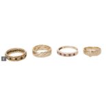 Four 9ct hallmarked rings a wedding ring, a signet ring, a garnet and paste full eternity and a ruby