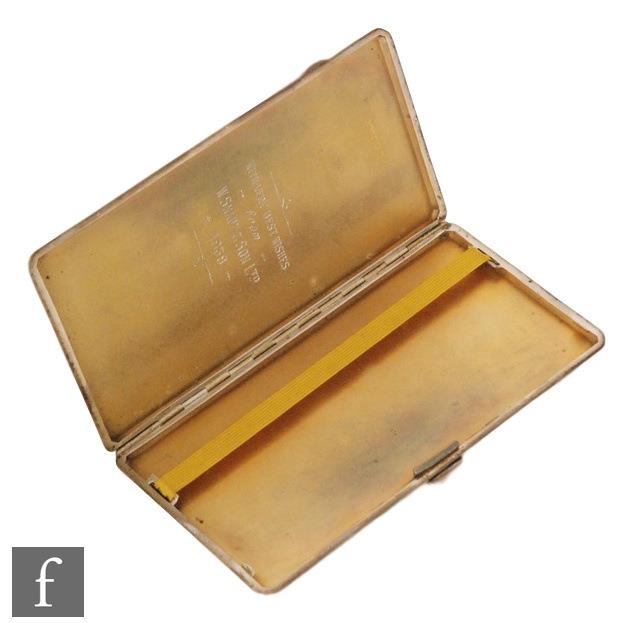 An hallmarked silver rectangular cigarette case with engine turned decoration and initials to front, - Image 2 of 2