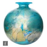 A later 20th Century Isle of Wight Blue Azurene vase of globe form with everted rim, decorated