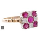 A 9ct hallmarked ruby and diamond ring, square head with five rubies spaced by four brilliant cut