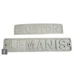 An engine plate named Lemanis, 11.5cm x 57.5cm and a similar plate Rushton, 9,5cm x 43cm. (2)