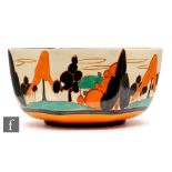 A Clarice Cliff large octagonal fruit bowl circa 1930, hand painted in the Orange Trees & House