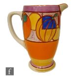 A Clarice Cliff Coronet jug circa 1930, hand painted in the Melon pattern between orange, pink,