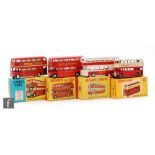 Four diecast model buses, Corgi 468 London Transport Routemaster Bus 'Naturally Corgi Toys', Dinky