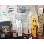 A collection of Old Hill railway brass and enamelled bridge plates, a GWR stamped ticket spike