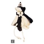 A 1920s / 1930s hand made adult fancy dress costume for a Pierrette, the black and white dress