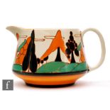 A Clarice Cliff Crown shape jug circa 1930, hand painted in the Orange Trees & House pattern with