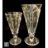 Two 20th Century Webb Corbett clear crystal vases, each of conical form with basal knop and circular