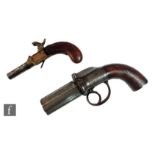A 19th Century percussion pepperbox pistol, engraved decoration, lozenge inset stock and a small