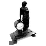 A 19th Century French spelter figural mantle clock with an eight day movement, Roman numerals to a