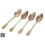 A set of four William IV hallmarked silver fiddle pattern tea spoons, each with engraved initials to
