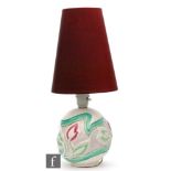 A Clarice Cliff Scraffito table lamp circa 1936 of spherical form, relief moulded with stylised