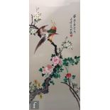CHINESE SCHOOL (LATE 20TH CENTURY) - Pheasants on a flowering branch, silk embroidery, framed, 148cm