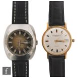 A 1970's gentleman's stainless steel automatic wrist watch, silvered batons to a caramel dial with