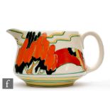 A large Clarice Cliff Crown shape jug circa 1933, hand painted in the Solitude pattern with a