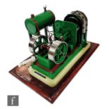 A scratch built horizontal double oscillating live steam engine on mahogany plinth, No 3, housed