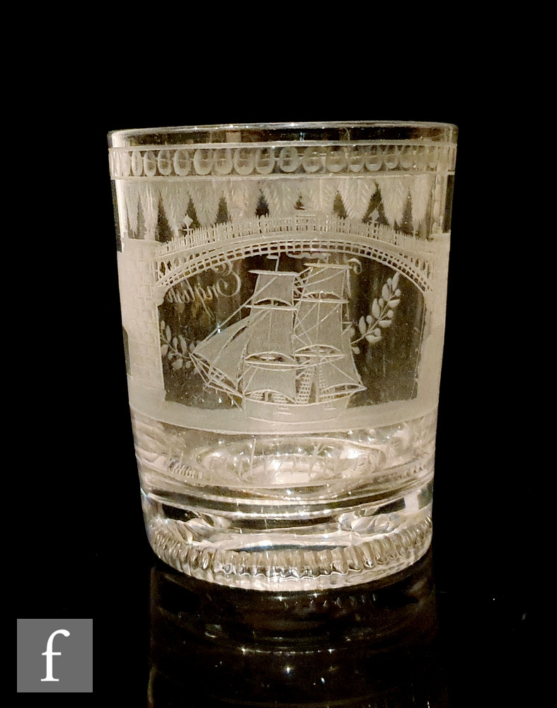 An early 19th Century glass tumbler with moulded foot, circa 1820, engraved with an image of the