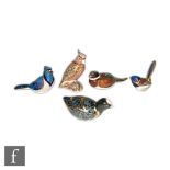 Five Royal Crown Derby bird paperweights including Chatsworth Coot, Woodland Pheasant, made for