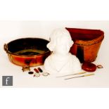 A 19th Century copper twin handled cream pan, width 42cm, a brass studded leather hat box, a