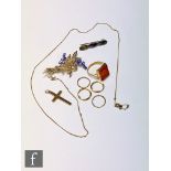 A small parcel lot of assorted jewellery items to include a 9ct sapphire and seed pearl spray