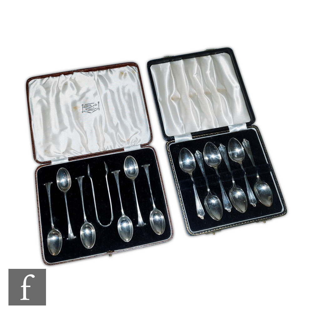 Two cased sets of silver hallmarked teaspoons, the first with foliate terminal, Birmingham 1954,