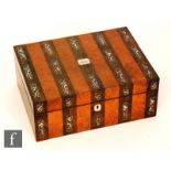 A 19th Century rosewood amboyna and mother of pearl inlaid work box decorated with bands of flowers,