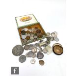 A Leopald II five francs 1870, German coinage and Victoria Indian Rupees, copper and nickel coinage,