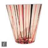 A contemporary Italian Murano glass vase by C. Nason decorated with red and black vertical stripe