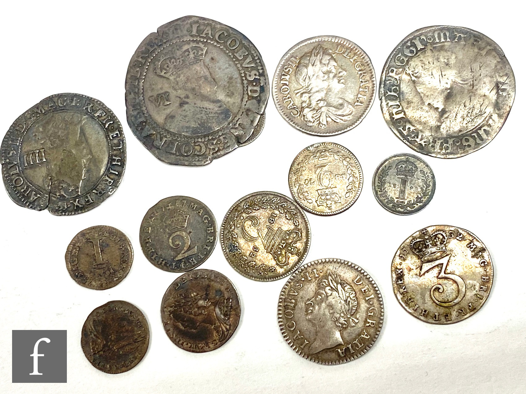 Various Charles II to Victoria coins to include two four pences, various other Maundy coinage and